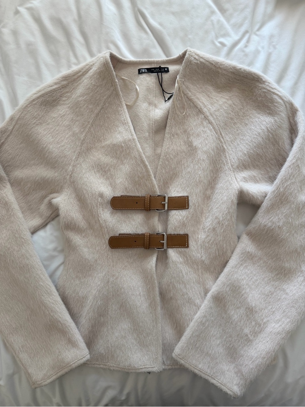 Zara Cream Faux-Fur V-Neck Sweater with Tan Buckle Straps